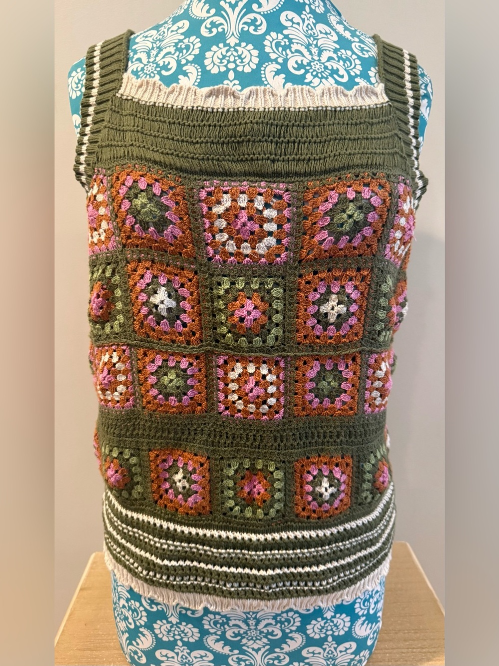 NWT TRIBAL JEANS Brand Olive Green Crochet Top with Pink & Orange Accents